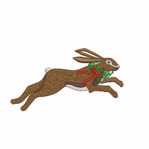 May include: A brown rabbit with a green wreath and a red bow around its neck is leaping through the air.