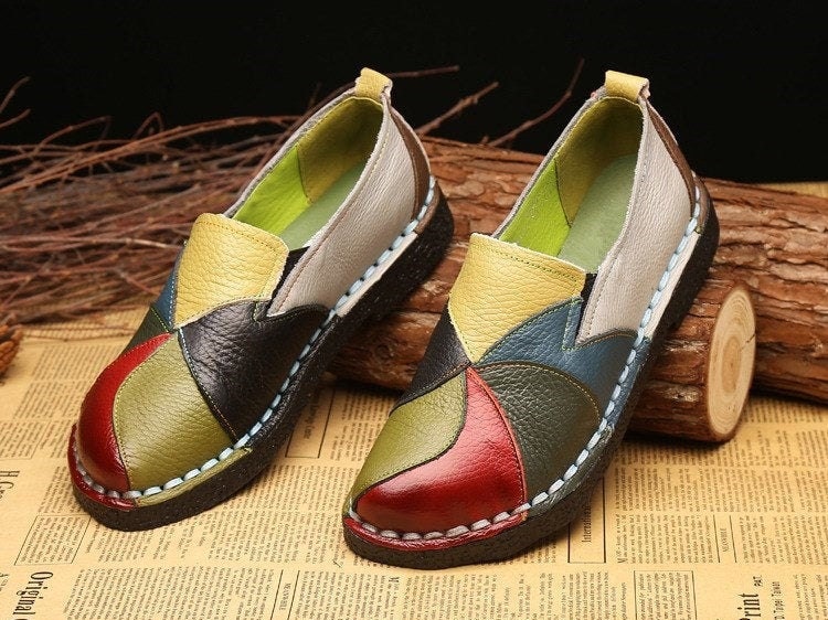 Genuine Leather Moccasin Patchwork Flat Colorful Mixed - Etsy