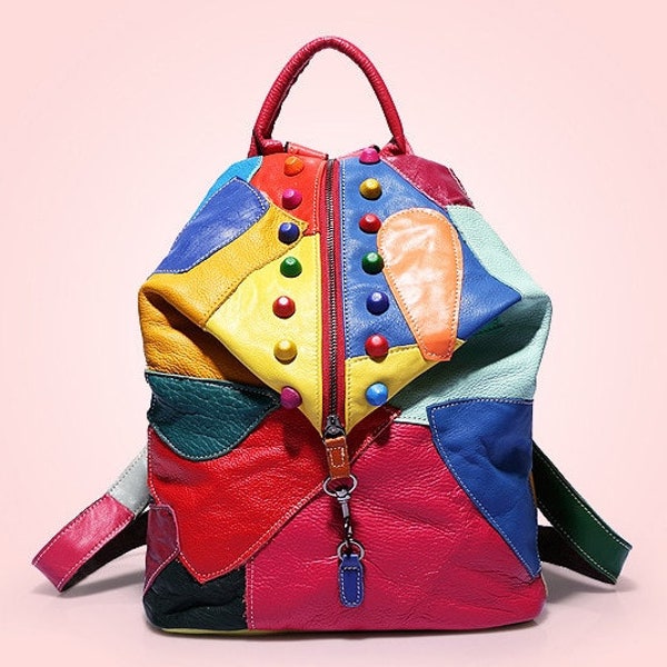 Sac à dos Patchwork  femme en cuir véritable Fait main