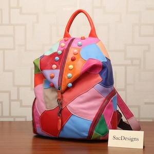 Sac à dos Patchwork femme en cuir véritable Fait main