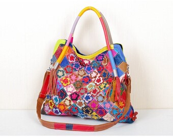 Sac à bandoulière femme en cuir véritable nouvelle collection Patchwork coloré Fleurs