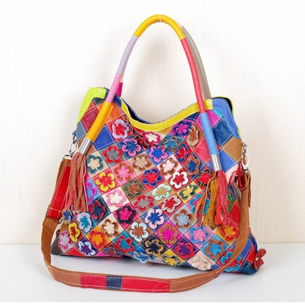 Sac à bandoulière femme en cuir véritable nouvelle collection Patchwork coloré Fleurs