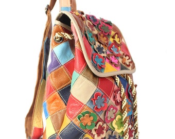 Colorful Genuine Leather Backpack for Women, Casual, Random Patchwork, Natural Leather, Bright Color, Model 2022