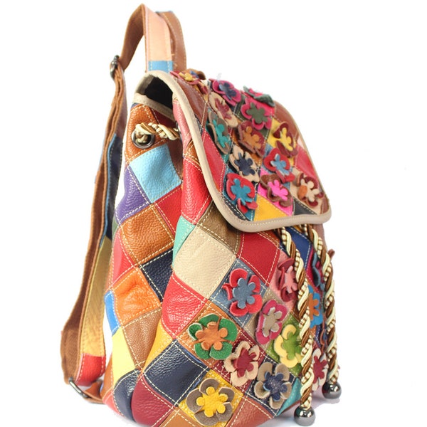 Sac à dos multicolore en cuir véritable pour femmes, décontracté , Patchwork aléatoire, cuir naturel, couleur vive, modèle 2022