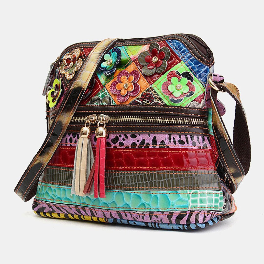 Sac Bandoulière Boho En Cuir Gaufré Clair - Inde - Fermeture Cordon Tressé - Vintage