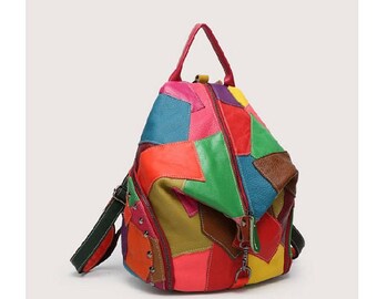 Women Genuine Leather Patchwork Backpack Handmade