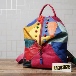 Zaino da donna in pelle patchwork, fatto a mano