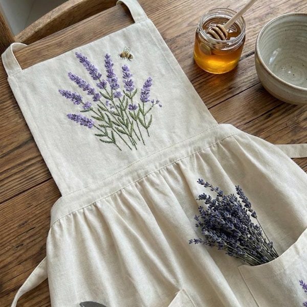 Hand Embroidered Linen Apron, Custom Floral Kitchen Apron