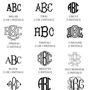 May include: A black and white font chart displaying twelve distinct monogram styles labeled Miller, Twig, Circle, Dimples, Fishtall, Caroline, Block, Brigitte, Duo Windsor, Diamond, Scalloped, and Script, with text indicating initial requirements.