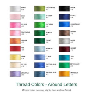 May include: A color chart displaying thirty-three rectangular swatches of thread in various shades including white, pink, rose, mauve, orange, red, yellow, tan, purple, chartreuse, green, blue, black, navy, brown, silver, russet, teal, and marigold.