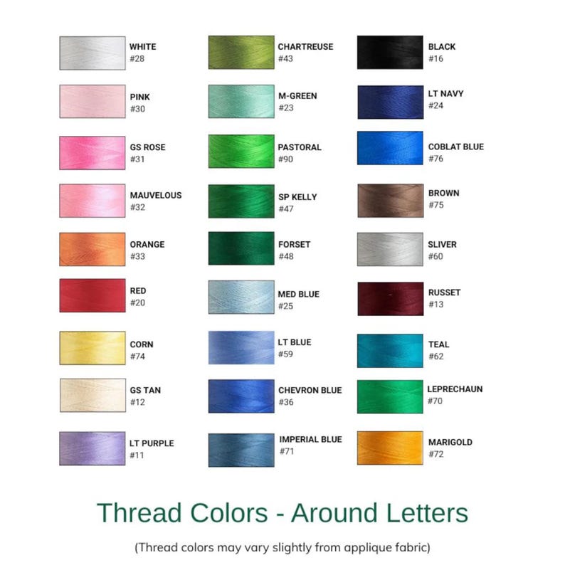 May include: A color chart displaying thirty-three rectangular swatches of thread in various shades including white, pink, rose, mauve, orange, red, yellow, tan, purple, chartreuse, green, blue, black, navy, brown, silver, russet, teal, and marigold.