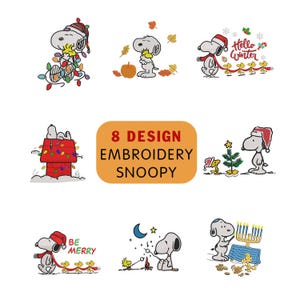 Può includere: Una collezione di otto disegni di ricamo con Snoopy in varie scene stagionali e festive. I disegni includono Snoopy con luci natalizie, una zucca e un albero di Natale. È presente anche il testo "8 DESIGN EMBROIDERY SNOOPY".