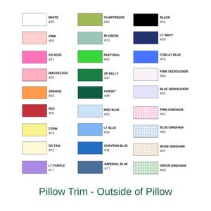 May include: A color chart titled Pillow Trim - Outside of Pillow displaying thirty-one rectangular swatches of fabric colors and patterns, each labeled with a name and a corresponding number, including solid colors, gingham, and seersucker options.