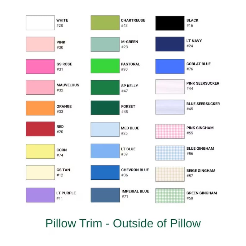 May include: A color chart titled Pillow Trim - Outside of Pillow displaying thirty-one rectangular swatches of fabric colors and patterns, each labeled with a name and a corresponding number, including solid colors, gingham, and seersucker options.