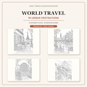 以下が含まれることがあります： 「World Travel 50 Unique Destinations」と題されたデジタル塗り絵。重複のない50の異なる場所が収録されています。表紙には、パリ、アムステルダム、インド、ペルーなど、旅行シーンを描いた4つの白黒の線画イラストが掲載されています。