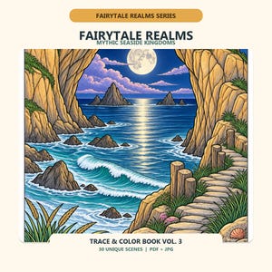 May include: A coloring book cover titled Fairytale Realms Mythic Seaside Kingdoms Trace & Color Book Vol. 3. The illustration depicts a moonlit ocean scene framed by rocky cliffs, with a stone path, crashing waves, and a full moon in the sky.