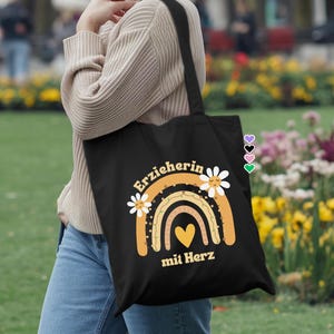 Erzieherin mit Herz Erzieherin Geschenk Kita Abschied Abschiedsgeschenk Erzieher Kindergärtnerin Geschenkidee Stofftasche mit Blume für Frau