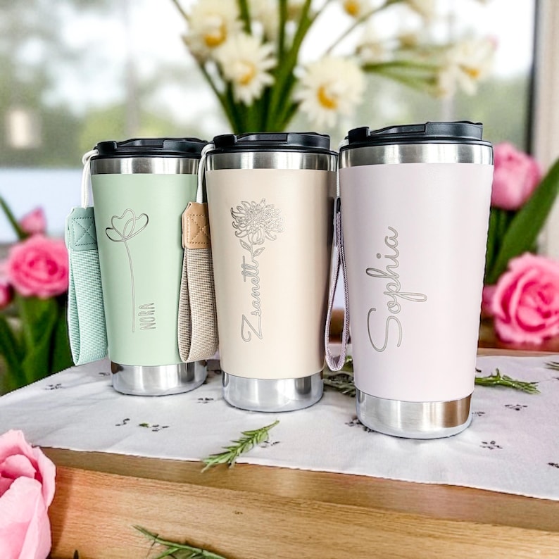 Thermobecher personalisiert Geburtsblume Weihnachtsgeschenk Freundin Kaffeebecher mit Name Doppelwandiger Becher graviert Geschenk Kollegin