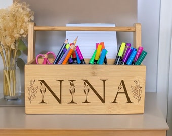 Pen holder personalized pen box wooden desk organizer makeup gift woman cell phone holder Christmas gift for women with name