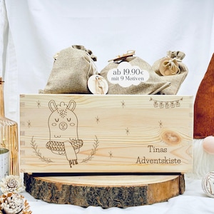 Personalisierter Adventskalender mit Name für Kinder Adventskiste aus Holz zum befüllen Adventskiste mit Jutebeuteln und Anhänger Advent