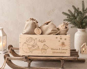 Personalized Advent calendar for children, Advent box to fill with bags and wooden signs, engraved wooden box for the Advent season