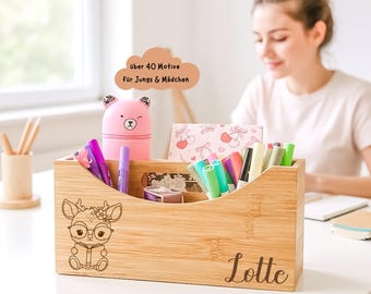 Gift for school enrollment Personalized pencil holder for children Pencil box organizer Wooden pencil case engraved with name School cone gift