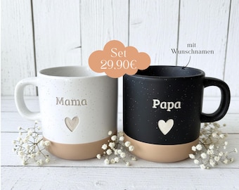 Tasse Mama Tasse Papa Beige Steingut Geschenk Mama Papa Geschenkidee Freundin Geschenk für Eltern Wunschtext Kaffeetasse