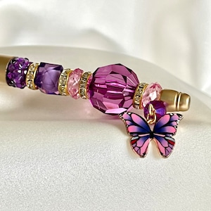 Purple Beaded Pen: Butterfly Charm, Glam Desk Accessory