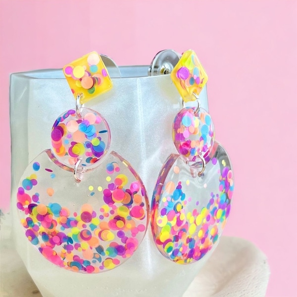 Multi Colored Glitter Earrings, Statement Earrings, Resin Dangles, Mod Earrings, Large Lightweight Earrings, Homecoming Prom Jewelry