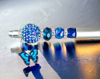 Blue and Silver Beaded Pen, Wedding Guest Book Pen, Butterfly Gift Ink Pen, Gift for Mom, Glam Desk Accessory, Teacher Gift