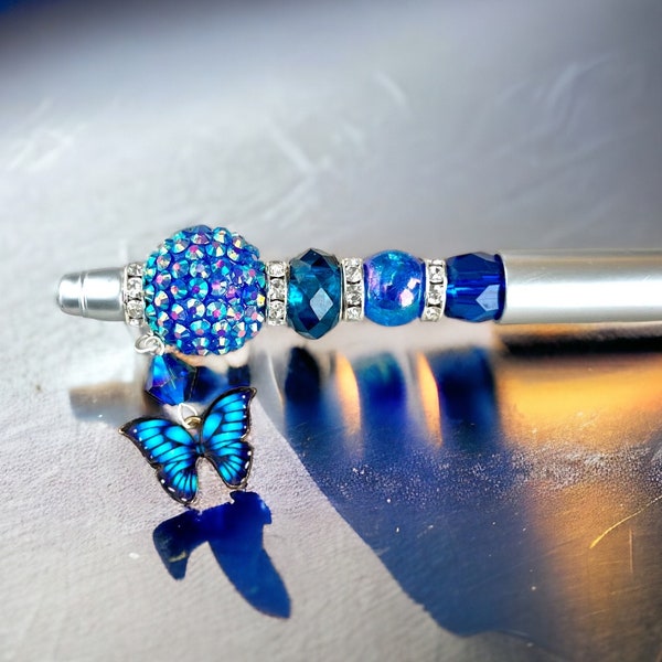 Blue and Silver Beaded Pen, Wedding Guest Book Pen, Butterfly Gift Ink Pen, Gift for Mom, Glam Desk Accessory, Teacher Gift