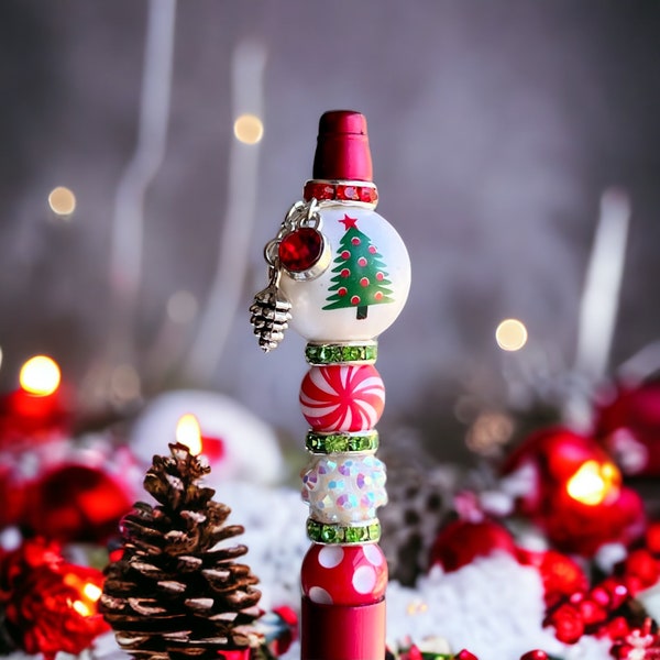 Christmas Tree Beaded Pen, Red and Green Holiday Pen, Secret Santa Gift, Stocking Stuffer, Gift For Teacher
