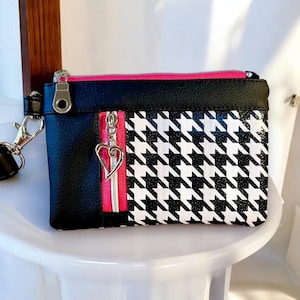 Cartera de mujer con diseño de pata de gallo, en blanco y negro, bonita cartera para niñas con detalles en rosa, accesorio glamoroso
