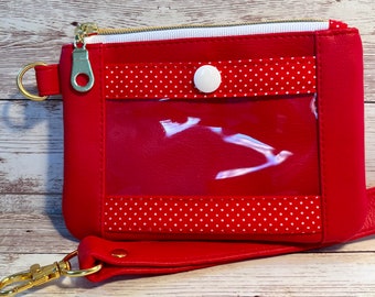 Red Faux Leather Mini Wallet, Zipper ID Window Wallet, Red and White Polka Dot Wristlet, Valentines Gift for Her