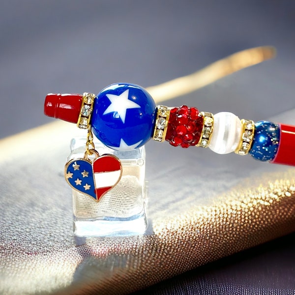 Patriotic Beaded Pen, Red White Blue Pen, July Fourth Gift