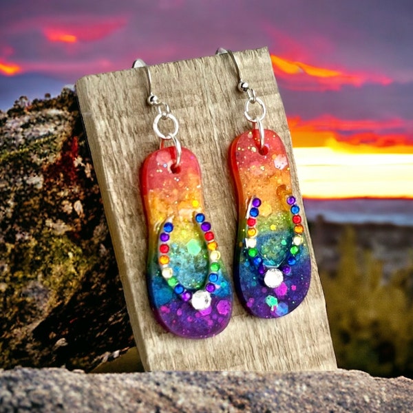 Rainbow Glitter Flip Flop Earrings, Statement Earrings, Fun Summer Jewelry