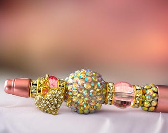 Rose Blush Beaded Pen with Heart Charm: Bling Wedding Pen
