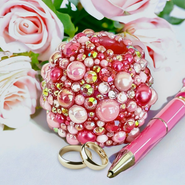 Pink Pearl Rhinestone Pen Stand, Valentines Gift, Wedding Guest Book Pen Holder, Office Warming Gift