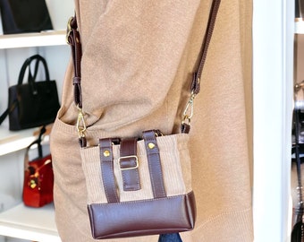 Small Corduroy and Vegan Leather Purse,  Brown and Khaki Crossbody Bag, Handbag, Mini Shoulder Bag