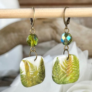 Square Fern Earrings, Clay Drop Nature Earrings, Boho Dangles, Gift for Nature Lover, Botanical Jewelry, Geometric Foliage Antique Bronze image 10