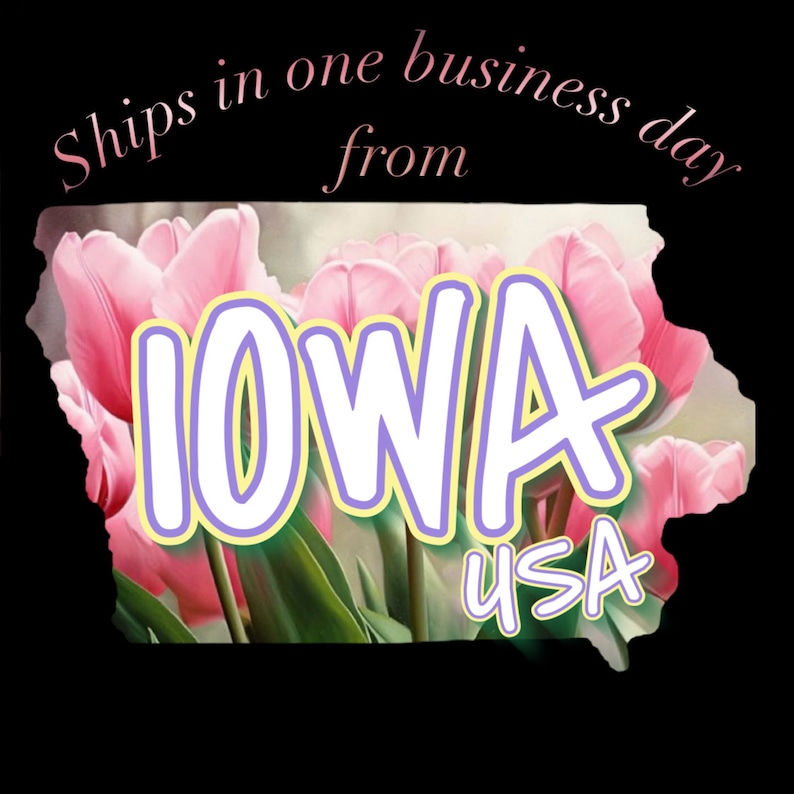 K&ouml;nnte beinhalten: Eine rosa und gr&uuml;ne Illustration des Bundesstaates Iowa, USA, mit dem Wort "IOWA" in gro&szlig;en wei&szlig;en Buchstaben mit violetter Umrandung. Der Text "Ships in one business day from" befindet sich oben im Bild.