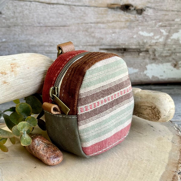 Mini Canvas Stripe Backpack Change Purse, Tiny Corduroy Coin Pouch, Keyring Lip Balm Holder, Ear Bud Case, Cord Keeper