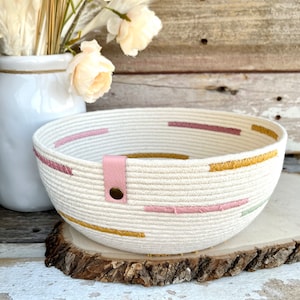 Rope Bowl with Rose Sage and  Mustard,  Small Boho Decor Basket, Key Basket, Change Bowl, Colorful Cotton Rope Bowl, Remote Basket