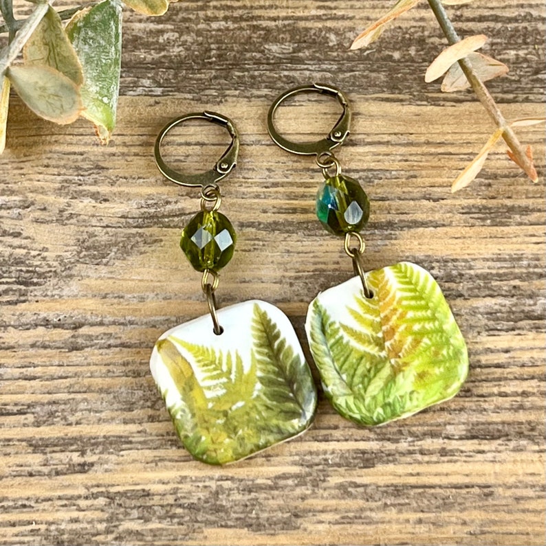Square Fern Earrings, Clay Drop Nature Earrings, Boho Dangles, Gift for Nature Lover, Botanical Jewelry, Geometric Foliage Antique Bronze image 9