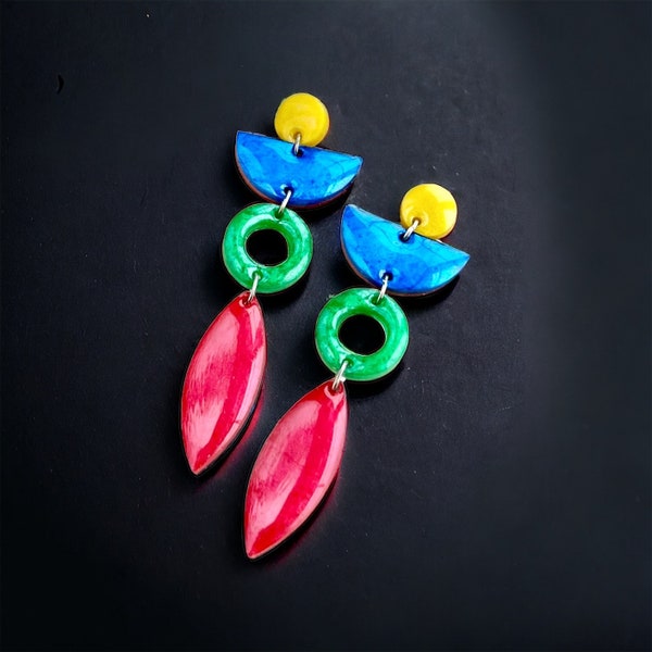 Colorful Statement Earrings, Fun Festive Jewelry, Pretty Prom Jewelry, Long Dangle Geometric Earrings, Red Blue Yellow Green Drops