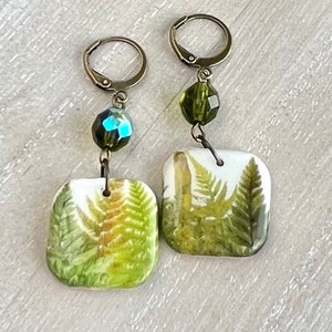 Square Fern Earrings, Clay Drop Nature Earrings, Boho Dangles, Gift for Nature Lover, Botanical Jewelry, Geometric Foliage Antique Bronze image 4