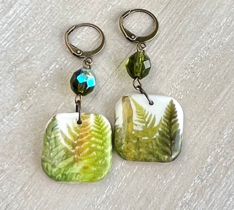 Square Fern Earrings, Clay Drop Nature Earrings, Boho Dangles, Gift for Nature Lover, Botanical Jewelry, Geometric Foliage Antique Bronze image 4