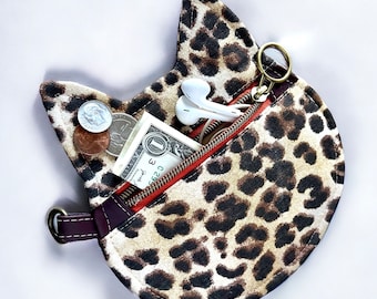 Porte-monnaie en forme de chat à imprimé léopard, pochette kitty, support pour cordon d'écouteurs, cadeau pour amoureux des chats