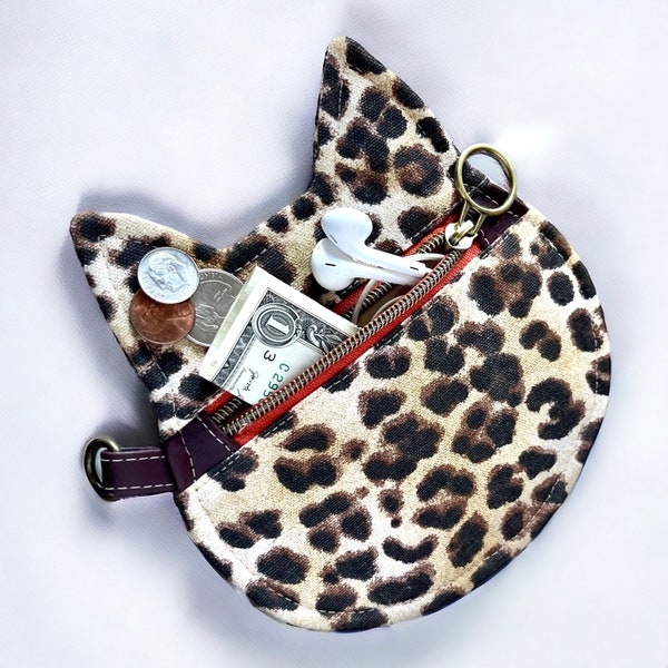 Cat Shaped Leopard Print Coin Purse, Kitty Pouch, Earbud Cord Holder, Gift for Cat Lover