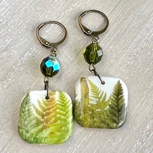 Square Fern Earrings, Clay Drop Nature Earrings, Boho Dangles, Gift for Nature Lover, Botanical Jewelry, Geometric Foliage Antique Bronze image 6